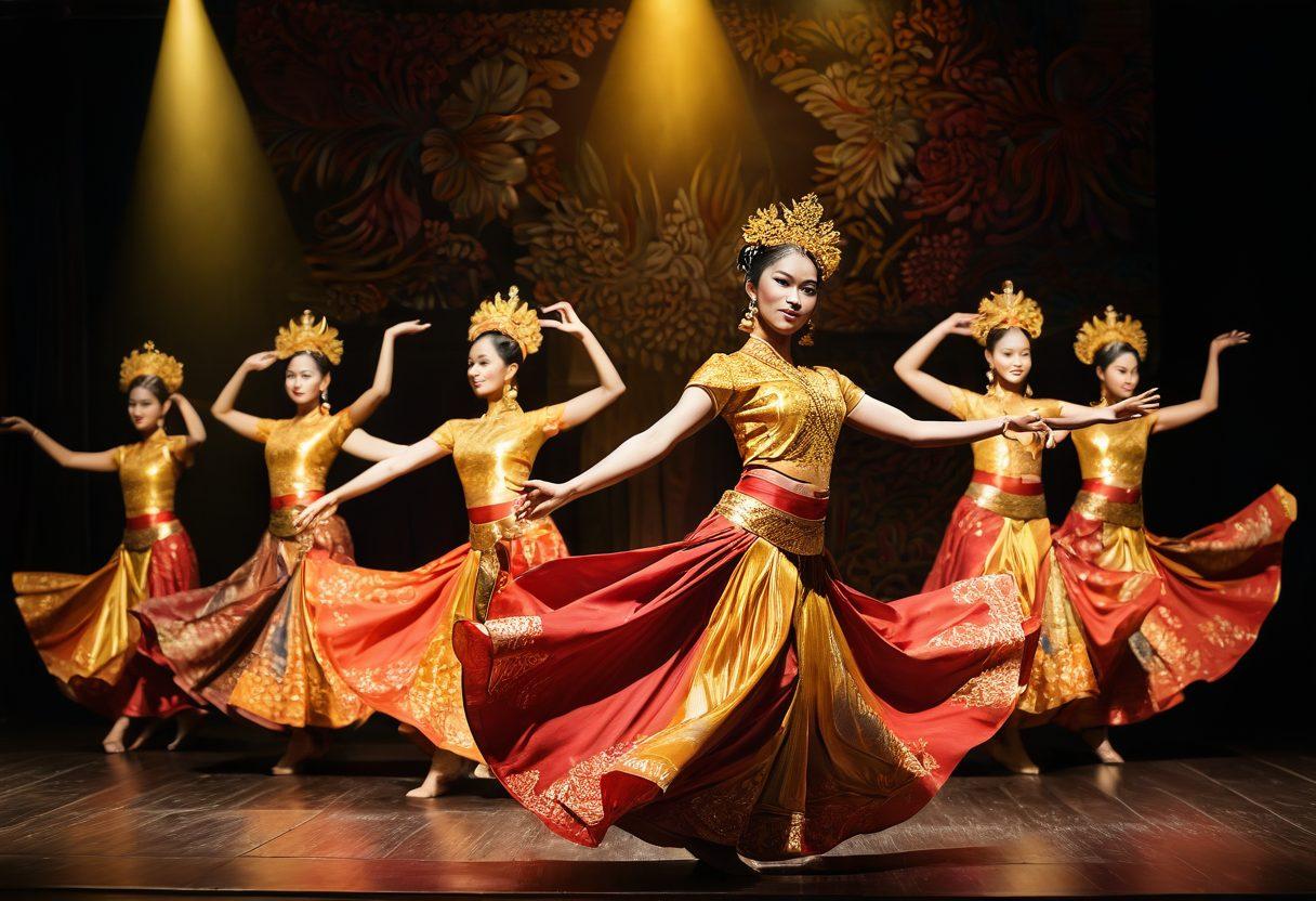 A vibrant performance scene set in an intimate Indonesian setting, showcasing graceful dancers wearing traditional costumes that blend sensuality with cultural elegance. Capture the essence of adult entertainment through soft lighting, flowing fabrics, and an ethereal atmosphere, highlighting the expressive movements and captivating expressions of the performers. Include subtle elements of traditional Indonesian art in the background. super-realistic. vivid colors. warm lighting.