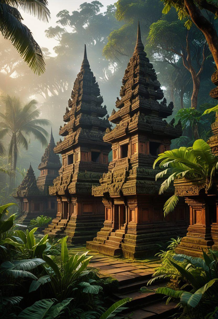 A vivid and captivating scene depicting ancient Indonesian temples surrounded by lush greenery, infused with a mysterious and alluring atmosphere. Incorporate subtle references to sensuality through ornate carvings and soft, warm lighting that casts intriguing shadows. Include ethereal fog and hints of traditional Indonesian textiles in the foreground to create a deeper cultural connection. The overall feel should be both exotic and inviting. super-realistic. vibrant colors. mystical lighting.