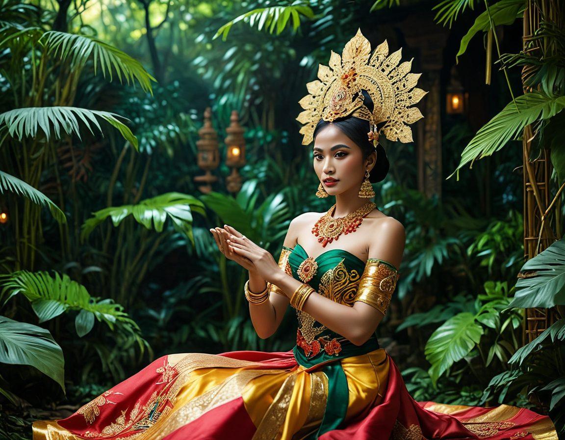Create an intriguing scene featuring a beautifully decorated Indonesian set with lush greenery and traditional elements. Include a graceful female performer in an elegant costume, capturing the essence of sensuality and allure. Use warm lighting to enhance the atmosphere, suggesting a vibrant film scene. Add subtle hints of film equipment in the background for an artistic touch. super-realistic. vibrant colors.